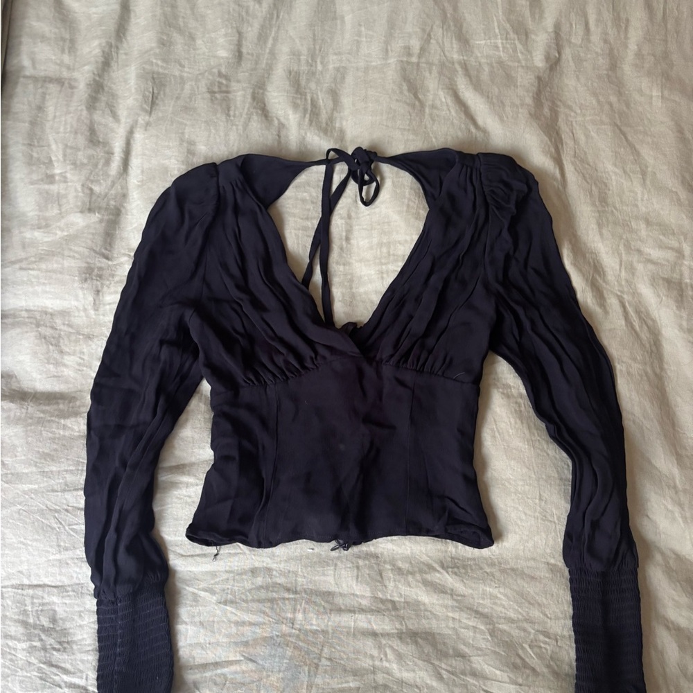 Reformation Women’s Black V‑Neck Tie‑Back Blouse